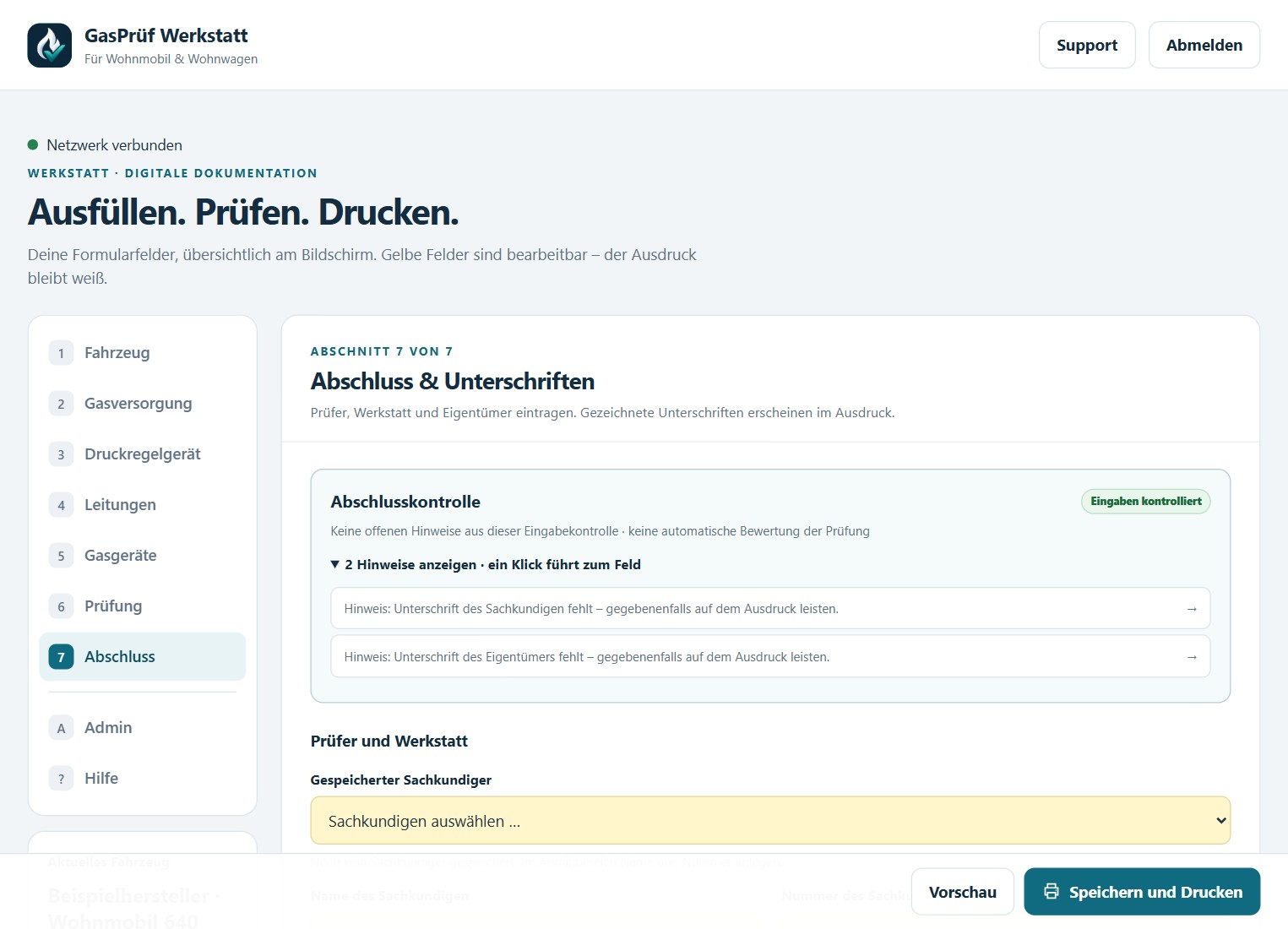 GasPrüf App mit dem Abschnitt Abschluss und dem Knopf Speichern und Drucken